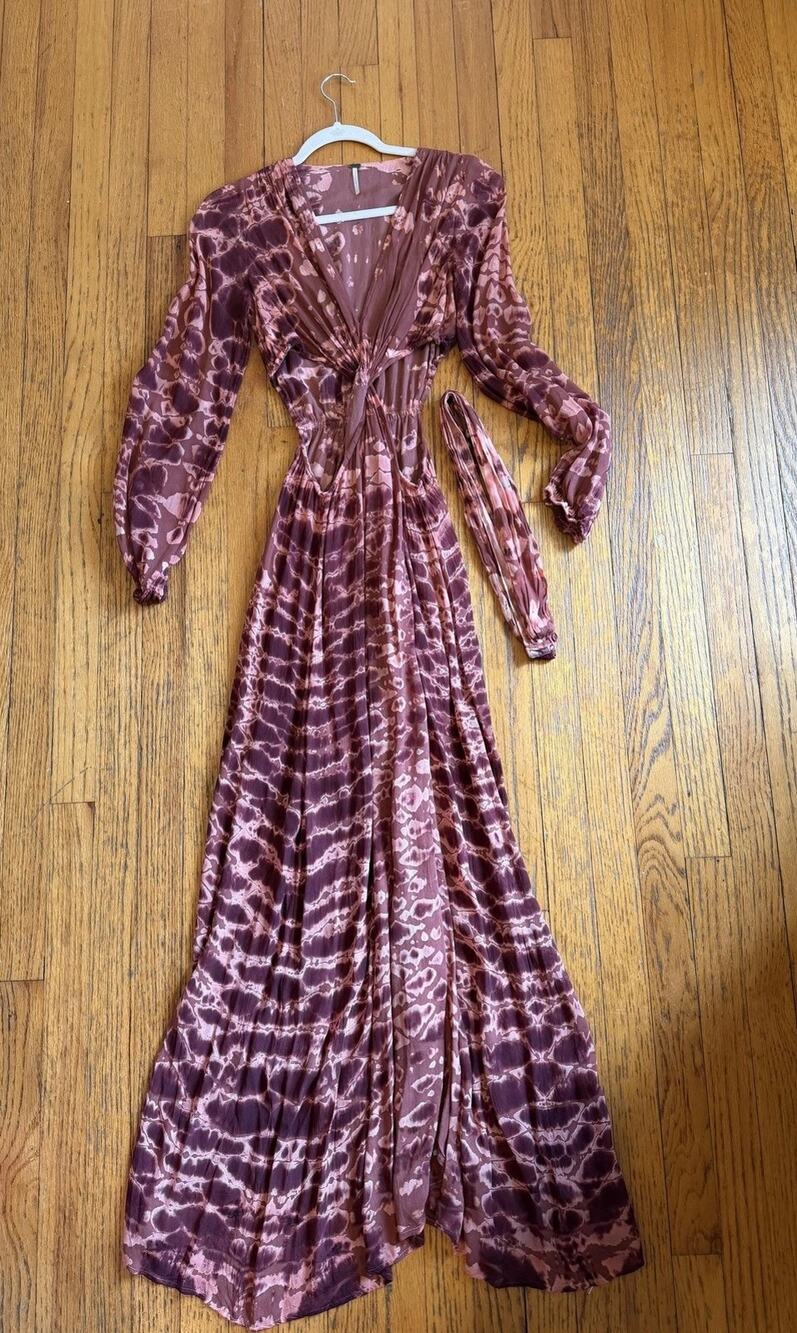 YFB Dress Womens XS Mauve Tie Dye Maxi Balloon Sleeve Cutout Wrap Boho Festival